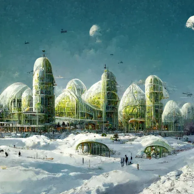 Solarpunk greenhouse city winter artwork