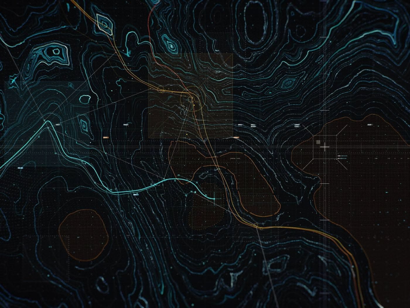 A topographic map using light blue contour lines over a dark background. A useful metaphor to build understanding in messy contexts.